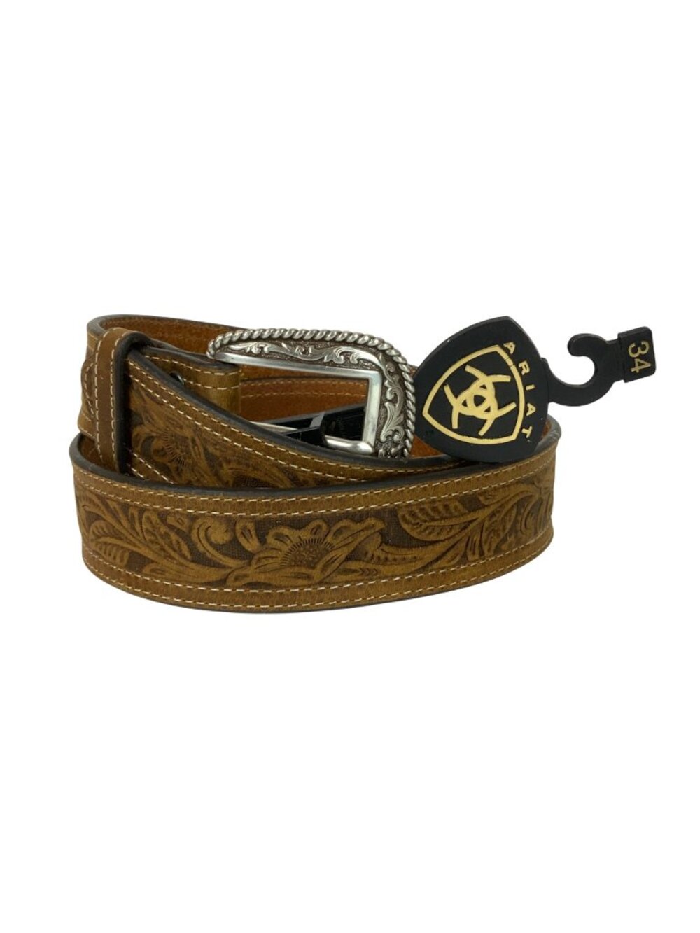 Ariat Mens Western Tooled Leather Belt Size 34 Silver-tone Buckle A1012402